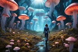 Woman in an Android suit, Walking Through Alien Mushrooms With Jellyfish Tentacles, Floating Through An Alien Forest, Floor and walls Covered In Mushrooms, Photorealistic, Deep Colour, Intricate Detail, Sunshine, Blue Sky