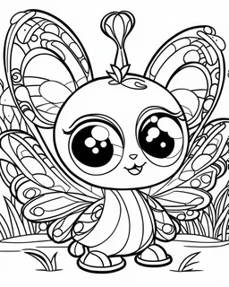 Cute butterflies, big cute eyes, pixar style, simple outline and shapes, coloring page black and white comic book flat vector, white background