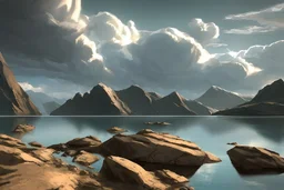 rocks, lake, clouds, epic, sci-fi