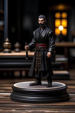 tabletop role-playing miniature of a man in black wearing minoan style clothes. concept art hyperrealism