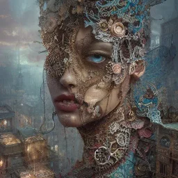 Insanely detailed photograph of an “portrait of gorgeous city” with intricate gears, intricate embroidered band, beautiful clear face and hyperdetailed painting by Ismail Inceoglu Huang Guangjian and Dan Witz CGSociety ZBrush Central fantasy art album cover art,8K, hdr, romantic, mysterious, ominous, flowers, jewelry, comfort, natural eyes