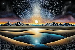 Pointillism surreal abstract landscape, standing and floating geometric shapes with shadows, reflections in iced-desert scene, dark complementer colours, surreal sky, lightning, detailed, masterpiece