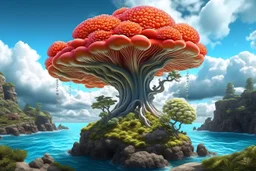 Creation: photorealistic exotic giant fungus and coral with tentacles floating down to a rocky shoreline, cliffs, and cloud trees