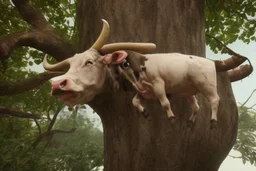 cow stuck in the top of a tree can not get down