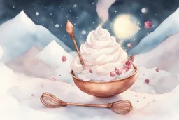 whipped cream peaks in a copper whisk (60% of the picture), cute chibi kids sledding down the peaks, a wire whisk next to the cauldron, raspberry seeds in sunshine, watercolor and black ink outlines, sparkling golden glitter, ethereal, cinematic postprocessing, bokeh, dof