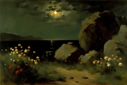 night, clouds, rocks, mountains, flowers, spring, epic, alfred stevens and philipp franck impressionism paintings