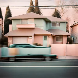 Photograph of a liminal suburbs, light pastel colors, blurred image from 90's