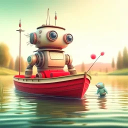 cute blessed robot get big fish on his rod from a small steam boat in a big lake, 8k, downlight, soft light, depth of field, photorealism, trending on art station, lotsa detail