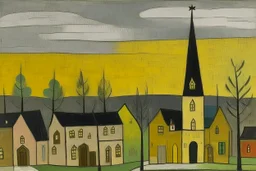 A black Canadian town with a church painted by Paul Klee