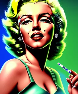 Marilyn Monroe, in full growth, smokes a cigarette, cyberpunk2077, photorealistic, 8k