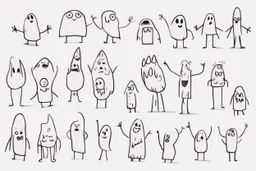 make a bunch of simple hand-drawn spooky and cute cartoon characters with bodies arms, and legs I could draw and make them all different