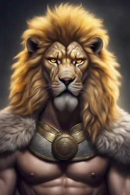 the guy is half lion half man all in fur with yellow eyes gladiator