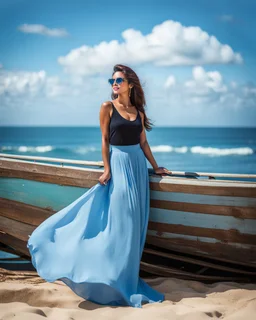 young lady wearing beautiful maxi blue skirt and elegant long shirt standing in beach posing to camera ,upper body shot,ships in sea ,blue sky nice clouds in background