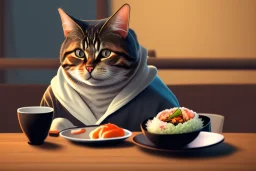 A cat with a hoodie is sitting on a table eating sushi