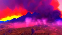 background=(mountains, alberta, forest fires, burning), time=(sunset), style=(vaporwave), effect=(smoke, plumes)