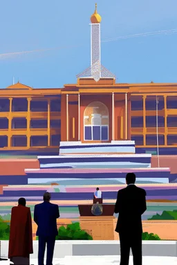 To governors having a speech in front of a huge building painting