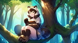 Girl, raccoon tail, raccoon ears, sit on tree, night time, forest, raccoon paws in foot, raccoon hand.