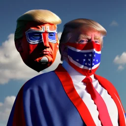 realistic image of donald trump as a mexican wrestling fighter posing outdoors, Mexican eyes wrestling mask, red and blue breeches, confederate flag cape, retro style, 80s, vibrant color, highly detailed, sky background, concept art, unreal engine 5, god rays, ray tracing, RTX, lumen lighting, ultra detail, volumetric lighting, 3d, finely drawn, high definition, high resolution.