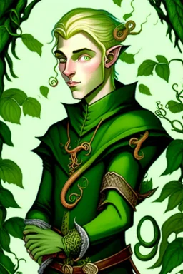 young half-Elf nobleman with green thumbs and 2 vine-like tentacles with blonde hair and green eyes and green thumbs with claws in the style of Charles Addams