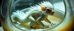The image depicts a fantastical monkey squirrel snow soup, specifically a transparent with neon plasma aura, with a unique and whimsical appearance. The dragon is positioned in a circular frame, which suggests it might be inside a container or a vessel. The body is elongated and has a segmented appearance, with a detailed texture that gives it a realistic look. Its head is covered with white, spiky hair, adding to its fantastical charm. From the weird dragon lab.