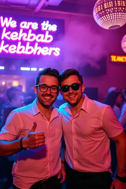 An "Identical twins" performing at dance club, theyre name is "Martin and Mercurius" Happy and celebrity look, , Neon lights and smog, "We are the kebab brothers" big sign on the wall