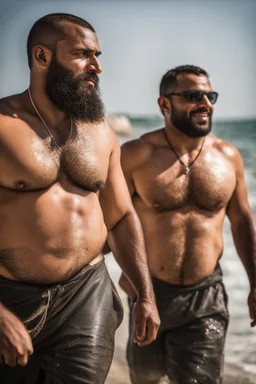 close up shot photography of two strong muscular chubby hairy burly 32 years old ugly arab fishermen, short beard, shaved hair, shirtless, manly chest, swimwear, emotive eyes, tank top, walking on the beach in the sun, side light, sweat and wet, ground view angle