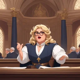a feminine French judge, blonde with curvy hairs, glasses, her official Court dress, she argues with talent, her finger pointing the ceiling, she sits on a large stone in the middle of the tribunal