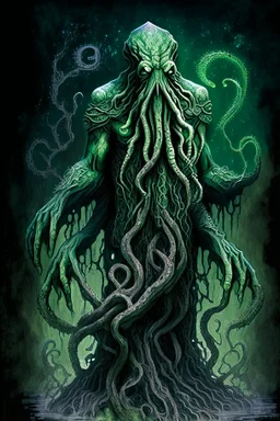 A unique and thought-provoking realistic artwork design featuring a full-body depiction of Cthulhu, the ancient cosmic entity. In this design, Cthulhu takes on a more humble appearance, portraying the entity as a poor man. Despite its destitute semblance, the artwork captures the essence of Cthulhu's power and mystery. The intricacies of Cthulhu's form, including the multitude of tentacles, are meticulously rendered in high-definition 8K resolution. The inclusion of a hat, worn with a sense of w