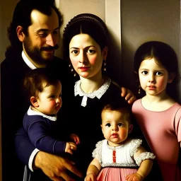 portrait of Jacobo Santiago Mozos born in 1976 and Gemma Arnau Arnau born in 1979,and daughters Eira Santiago Arnau and Dalia Santiago Arnau by Caravaggio,smiling, oil on canvas, cinematic composition, extreme detail,8k,fit full head inside picture,