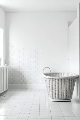 white wall, front view with laundry basket to right on floor