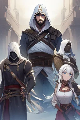 شاب انمي مع شفرات assassin's Creed ذهبيه و وشاع اسود وعيون وعيون زرقاء مع شعر ابيضمع حرف z علي صدره