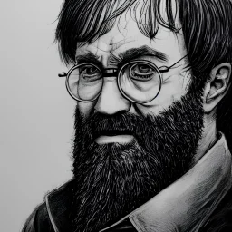 a close up portrait of a bearded harry potter as an extremly old man, art station, highly detailed, concept art, sharp focus, illustration in pen and ink, wide angle, by Kentaro Miura