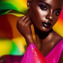 masterpiece, best quality, woman, dark skinned, sparkling eyes, fluorescent skin, colorful makeup, blond flutter hair, highly detailed body, sun light, 4K, RAW, depth of field, high contrast, realistic details, 24mm