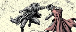werewolf vs vampire cyberpunk action scene, acrobatic dodge, cape, all seen drawn on detailed isometric grid map
