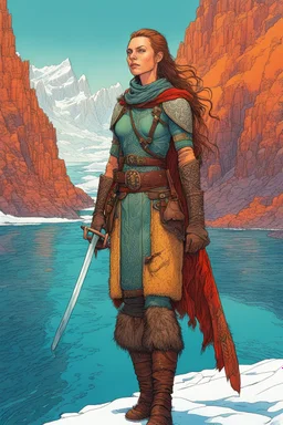 create a full body portrait of a pale female Norse tribal mercenary, sword in hand, with highly detailed, delicate feminine facial features, inhabiting an ethereal Northern winter fjord land of pristine blue waters, in the comic book style of Jean Giraud Moebius, David Hoskins, and Enki Bilal, precisely drawn, boldly inked, with vibrant colors