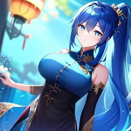 girl, masterpiece, best quality, volumetric lighting, detailed outfit, perfect eyes, blue hair, blue eyes, long hair, black stockings, ponytail, chinese clothes,