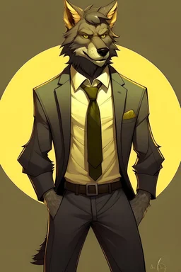 Buff, anthro, wolf, himbo, black fur, gold eyes, wearing a suit, full-body