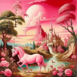 A pink magical realm with a unicorn painted by Salvador Dali