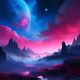 high quality, 8K Ultra HD, In "Celestial Dreamscape," the canvas bursts with ethereal pink shades that seem to defy the laws of nature, The sky is a mesmerizing blend of deep indigo and shimmering hues of pink, as though it holds secrets from distant galaxies, A cascade of celestial bodies, including otherworldly planets and iridescent moons, orbits in a cosmic dance, casting a soft glow upon the dreamlike landscape, The foreground reveals a barren pink desert, high detailed, dystopian land afte