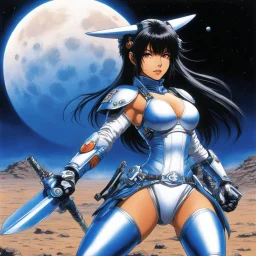 Masamune Shirow bioroid fighter woman, ready for a kung fu demonstration on the surface of the Moon