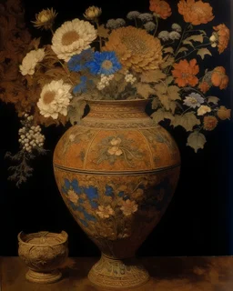 Beautiful dried flowers in slim earth chinese vase, earth gouache colours, masterpiece, 8K