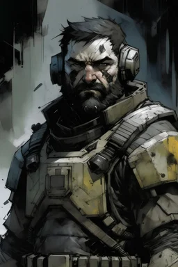 A rugged spacewolf with short thick black beard wearing power armor and helmet, art style Alex Maleev