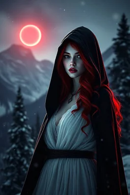 Photoreal gorgeous hooded warlock vampire woman spirit demon with pale skin and red hair surreal white wispy dress in a dark mountain landscape snowing at night otherworldly creature, in the style of science fiction victorian, photorealistic, bokeh masterpiece smooth shading, ultra detailed, high resolution, cinematic, deep shadows, 8k, cinema 4d, HDR, dust effect, vivid colors brooding gothic and blood on snow with eclipse tinged with dark red frazzeta painting trees