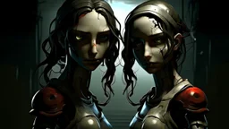 Surrealism.. Create an image featuring two humanoid robots holding hands. One robot should have a shiny light gray finish, while the other should have an opaque dark gray appearance. Both robots have their heads slightly tilted downwards, giving a mechanical and somewhat contemplative look. The setting is minimalistic, focusing on the contrast between the robots' finishes and their human-like connection. Contemporary art.