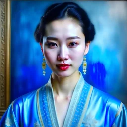 beautiful Chinese girl, 32 years old, in traditional Chinese light blue dress, masterpiece , 4k, painting, plump lips, hyperrealistic