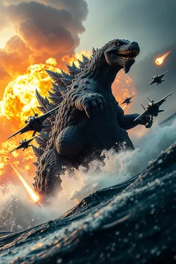 Closeup view of a Kaiju, bearing a striking resemblance to Godzilla, emerging from a tumultuous sea amidst a stormy backdrop, locked in combat with agile fighter jets, amidst a conflagration of fire and explosive effects, ambient lighting, professional composition, infused with a mix of elegance and futuristic aesthetics, ultra-realistic, mystical undertones, sharp focus capturing every water droplet and flame, rational placement of subjects within a cinematic frame, epic atmosphere,