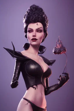 Lene Nystrøm as evil queen in black leather, busty, cleavage, voluptuous, angry, stern look. character design by cory loftis, fenghua zhong, ryohei hase, ismail inceoglu and ruan jia. unreal engine 5, artistic lighting, highly detailed, photorealistic, fantasy