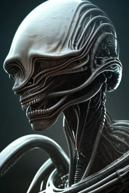 alien, head, dark, evil, weapons, blood, 8k, finely detailed, photo realistic, HR Giger style