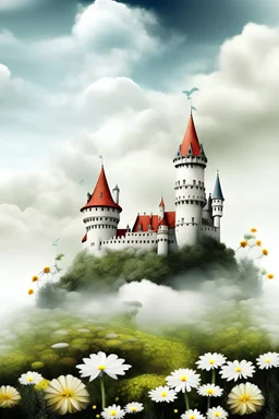 locandina film sfondo bianco, castelli, fiori, nuvole