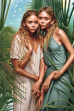 ((Mary-Kate and Ashley Olsen a warm hug)),Nestled against the backdrop of swaying palms and colorful tropical flora, the woman embodies an idyllic vision of seaside repose. Seashells and small pebbles create a delicate mosaic at the base of her lounger, mirroring the natural beauty surrounding her. A subtle fragrance of salt and coconut oil lingers in the air, enhancing the sensory tapestry of the scene.